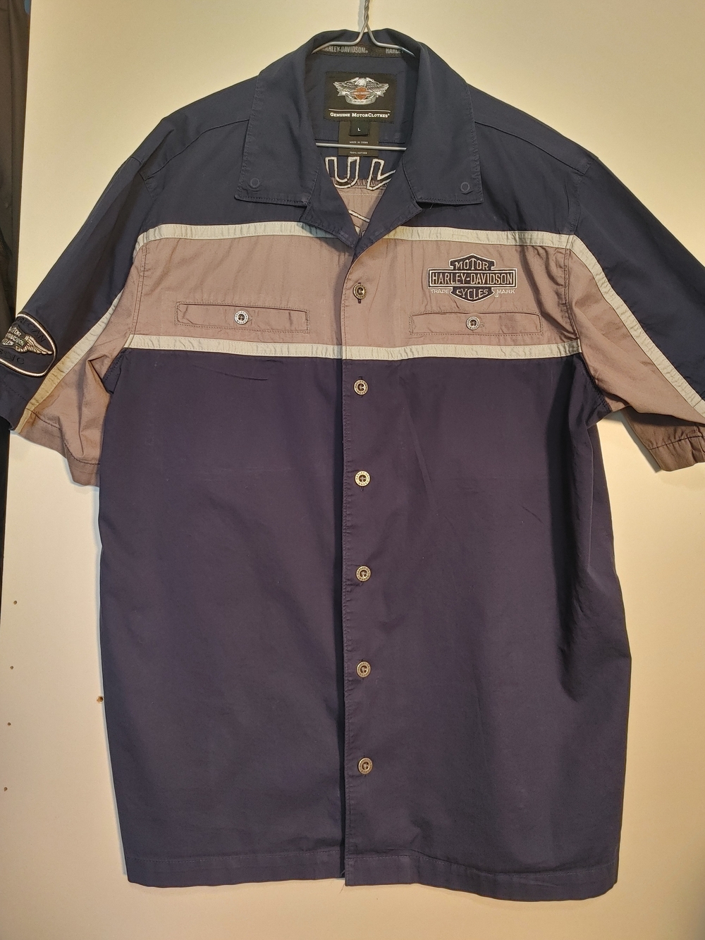 Harley-Davidson Navy and Taupe Short-Sleeve Button-Front Shirt